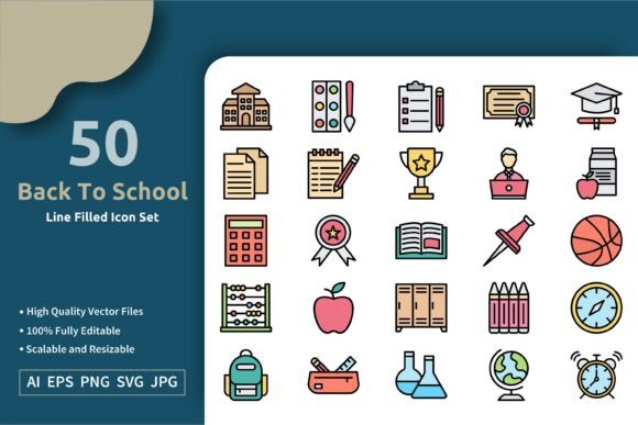 50 Back to School Line Filled Icon Set for Creative Projects